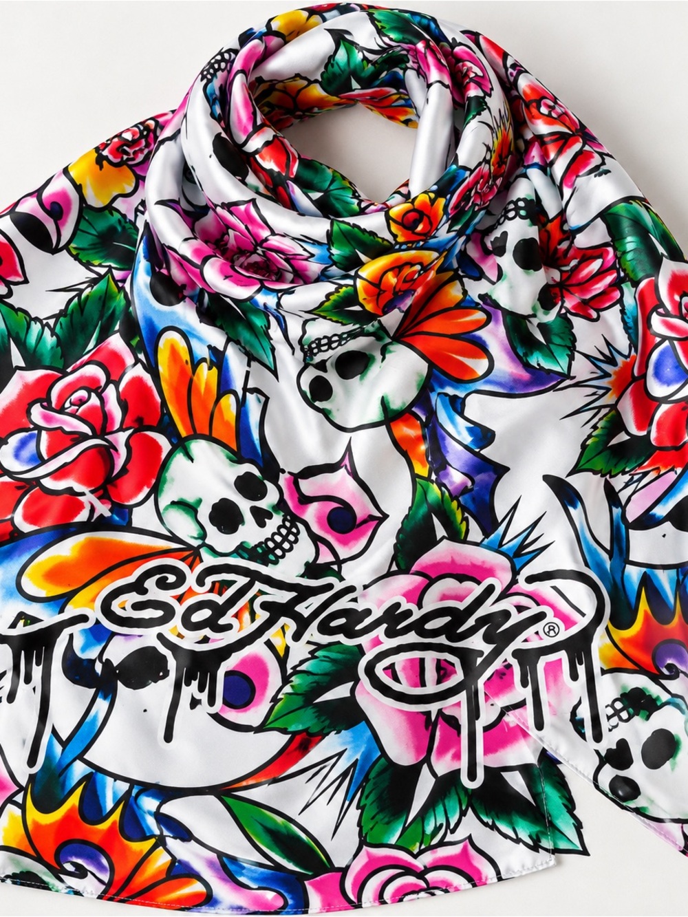 Ed Hardy White Skull Rose Tattoo Print Scarf 26” Y2K NWT